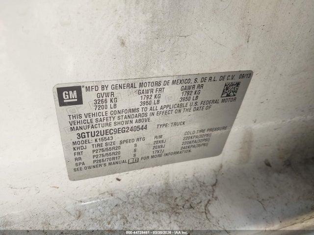 44728461 :رقم المزاد ، 3GTU2UEC9EG240544 vin ، 2014 Gmc Sierra 1500 Sle مزاد بيع