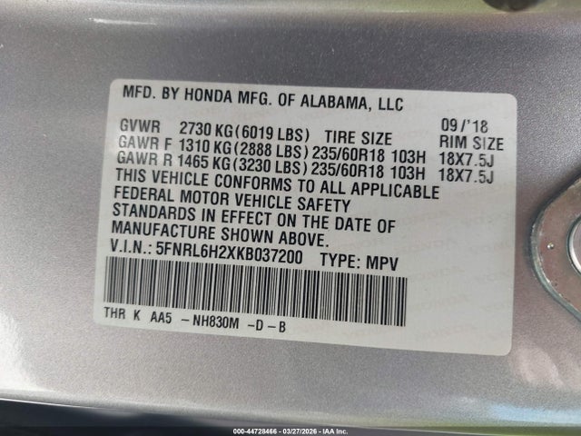 5FNRL6H2XKB037200 Honda ODYSSEY LX