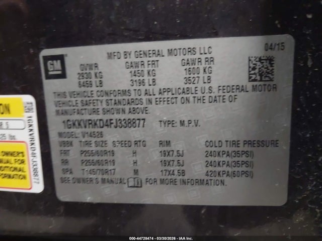 Aukcja sprzedaży 2015 Gmc Acadia Slt-1, vin: 1GKKVRKD4FJ338877, numer aukcji: 44728474