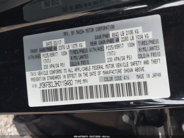 44728475 :رقم المزاد ، JM3KFBCL3H0119480 vin ، 2017 Mazda Cx-5 Touring مزاد بيع