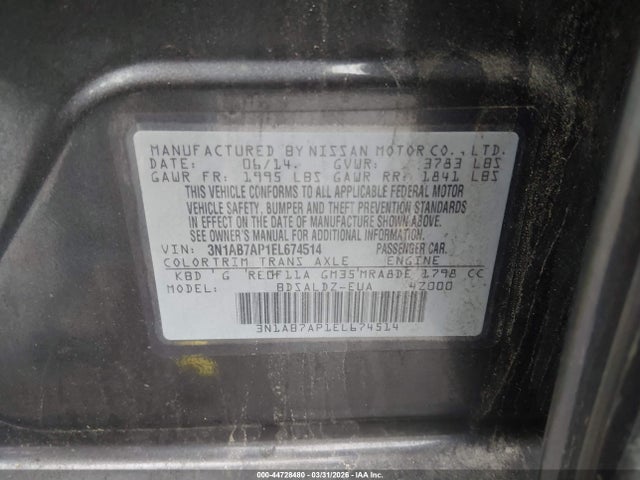 Aukcja sprzedaży 2014 Nissan Sentra Sv, vin: 3N1AB7AP1EL674514, numer aukcji: 44728480
