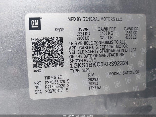 Aukcja sprzedaży 2019 Gmc Yukon Slt, vin: 1GKS1BKC5KR392324, numer aukcji: 44728486