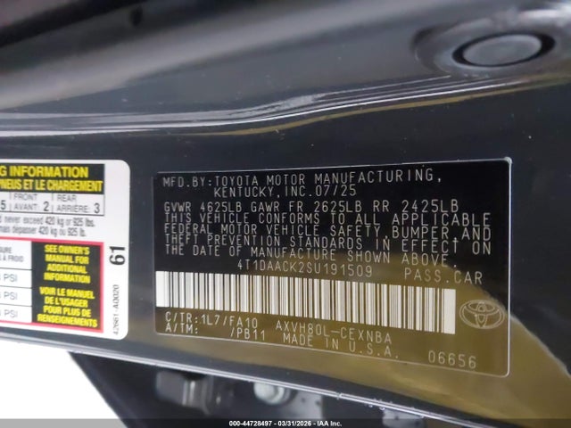 Продажа на аукционе авто 2025 Toyota Camry Le, vin: 4T1DAACK2SU191509, номер лота: 44728497