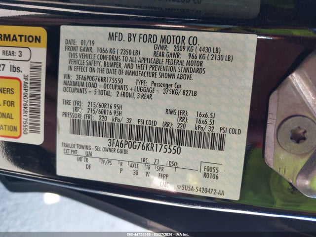 Ford FUSION S 2019 3FA6P0G76KR175550 Image 9