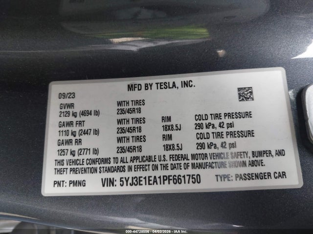 44728556 :رقم المزاد ، 5YJ3E1EA1PF661750 vin ، 2023 Tesla Model 3 Rear-wheel Drive مزاد بيع