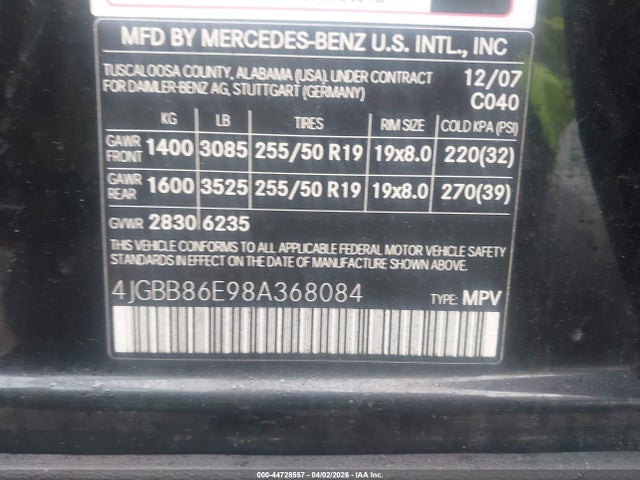 Aukcja sprzedaży 2008 Mercedes-benz Ml 350 4matic, vin: 4JGBB86E98A368084, numer aukcji: 44728557