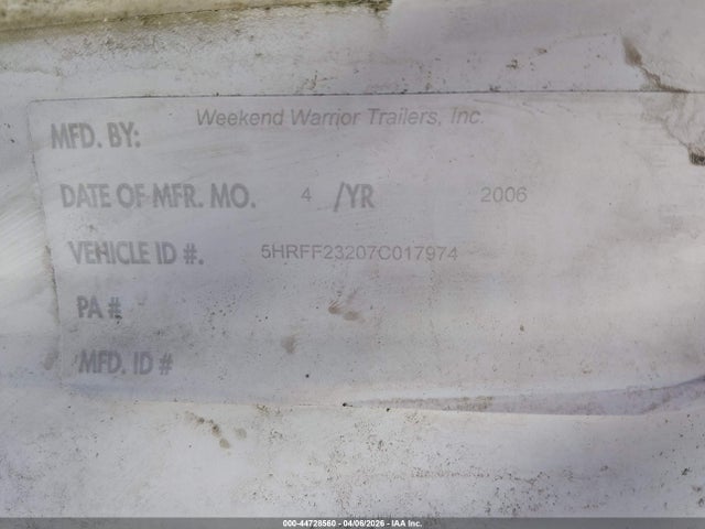 Продажа на аукционе авто 2007 Weekend Warrior Super Lite 2300fs Toy Hauler Travel Trailer, vin: 5HRFF23207C017974, номер лота: 44728560