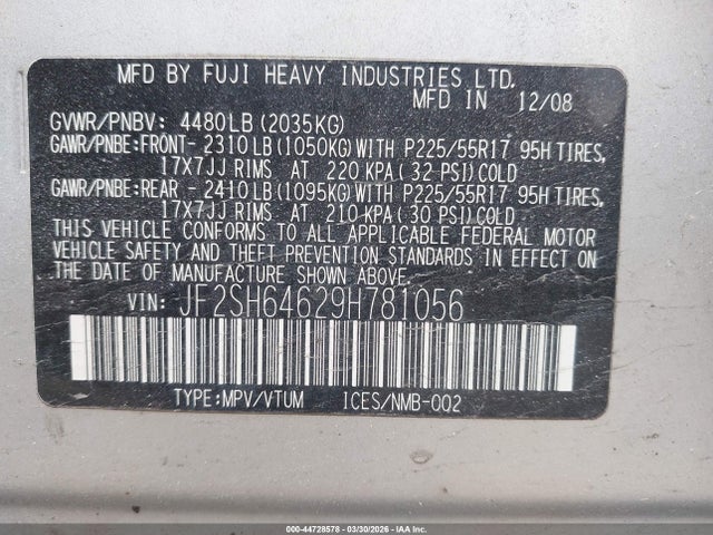 Продаж на аукціоні авто 2009 Subaru Forester 2.5x Limited, vin: JF2SH64629H781056, номер лоту: 44728578