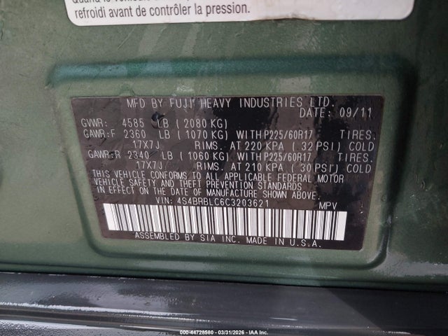 Aukcja sprzedaży 2012 Subaru Outback 2.5i Limited, vin: 4S4BRBLC6C3203621, numer aukcji: 44728580