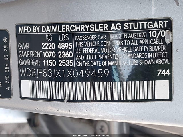 Aukcja sprzedaży 2001 Mercedes-benz E 430 4m, vin: WDBJF83JX1X049459, numer aukcji: 44728596