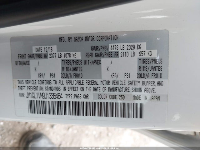 Aukcja sprzedaży 2018 Mazda Mazda6 Touring, vin: JM1GL1VM9J1335454, numer aukcji: 44728599