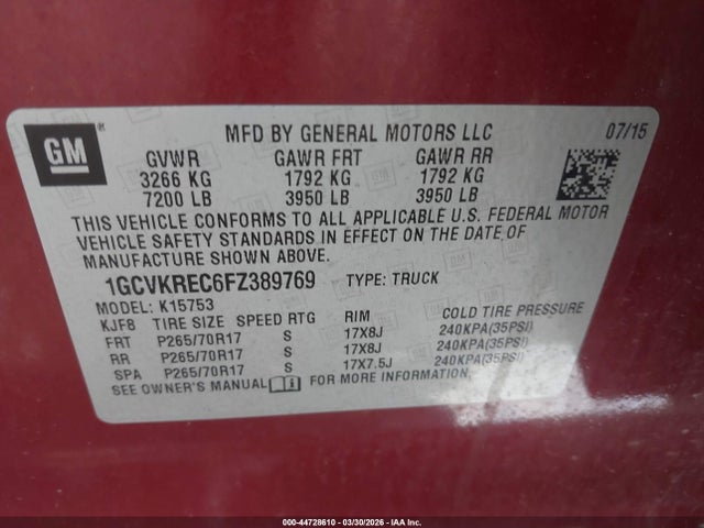 Продажа на аукционе авто 2015 Chevrolet Silverado 1500 1lt, vin: 1GCVKREC6FZ389769, номер лота: 44728610
