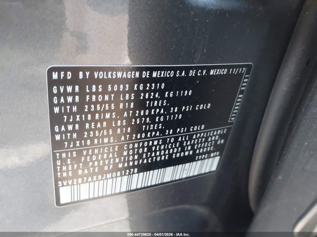 44728625 :رقم المزاد ، 3VV2B7AX9JM081278 vin ، 2018 Volkswagen Tiguan 2.0t Se/2.0t Sel مزاد بيع