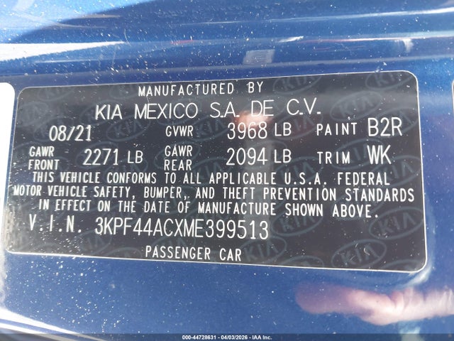 44728631 :رقم المزاد ، 3KPF44ACXME399513 vin ، 2021 Kia Forte Gt مزاد بيع