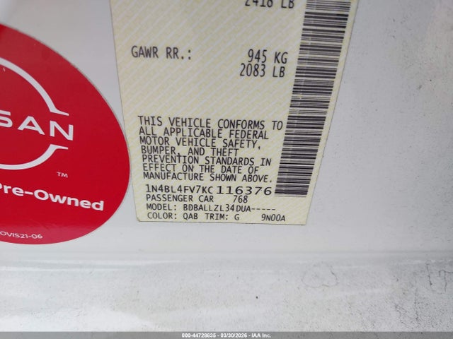 Nissan Altima 2.5 Platinum 2019 1N4BL4FV7KC116376 Image 9
