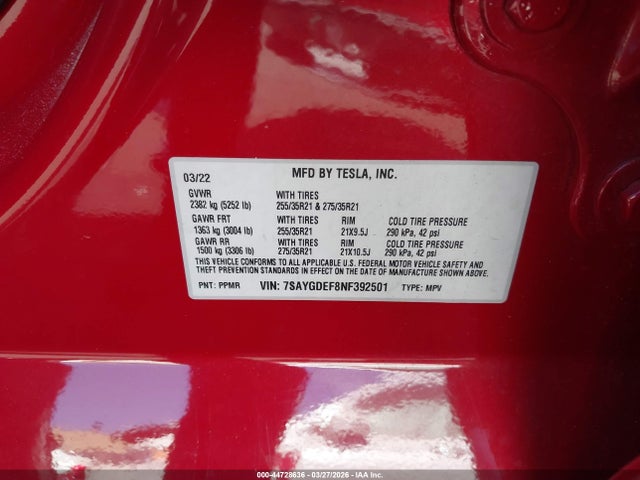Продаж на аукціоні авто 2022 Tesla Model Y Performance Dual Motor All-wheel Drive, vin: 7SAYGDEF8NF392501, номер лоту: 44728636