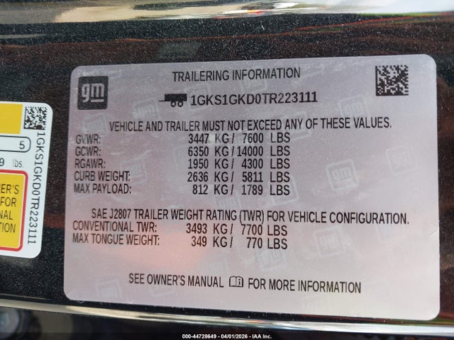 2026 Gmc Yukon Xl 2wd Elevation მანქანა იყიდება აუქციონზე, vin: 1GKS1GKD0TR223111, აუქციონის ნომერი: 44728649