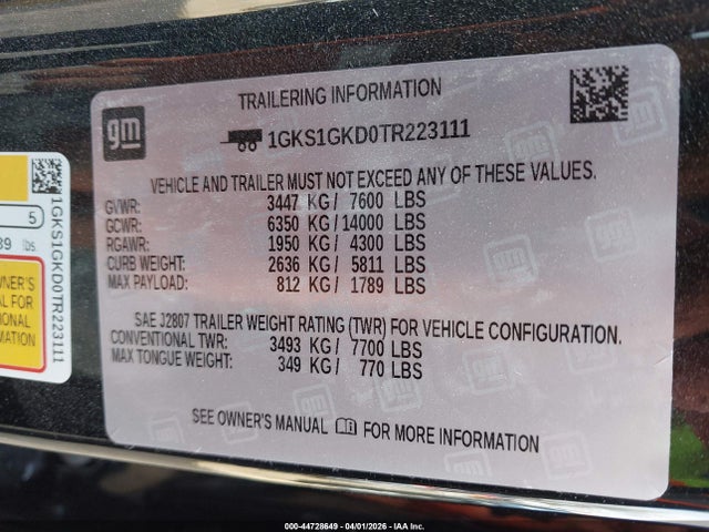 2026 Gmc Yukon Xl 2wd Elevation მანქანა იყიდება აუქციონზე, vin: 1GKS1GKD0TR223111, აუქციონის ნომერი: 44728649