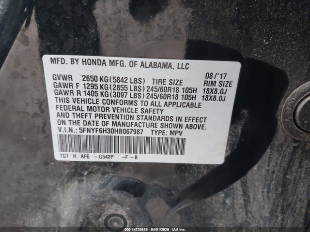 Aukcja sprzedaży 2017 Honda Pilot Ex, vin: 5FNYF6H30HB067987, numer aukcji: 44728656