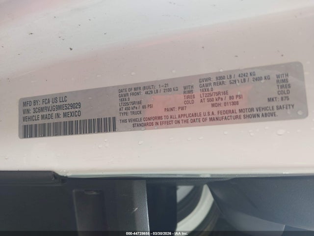 Продаж на аукціоні авто 2021 Ram Promaster 3500 Cargo Van High Roof 159 Wb Ext, vin: 3C6MRVJG9ME529029, номер лоту: 44728658