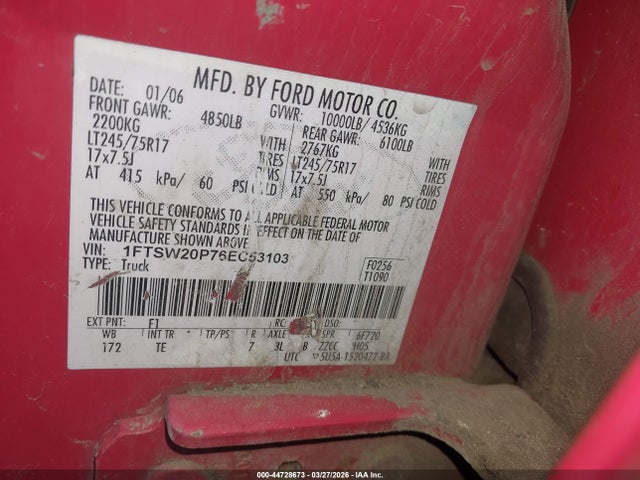 44728673 :رقم المزاد ، 1FTSW20P76EC53103 vin ، 2006 Ford F-250 Lariat/xl/xlt مزاد بيع