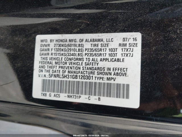 Honda ODYSSEY SE 2016 5FNRL5H31GB120301 Image 9