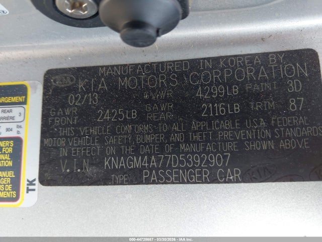 Продаж на аукціоні авто 2013 Kia Optima Lx, vin: KNAGM4A77D5392907, номер лоту: 44728687