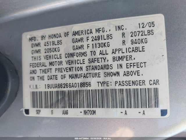 Продаж на аукціоні авто 2006 Acura Tl, vin: 19UUA66266A018856, номер лоту: 44728694