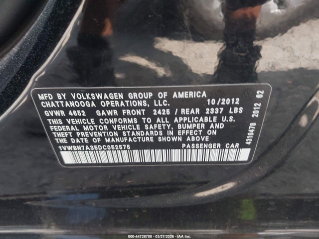 2013 Volkswagen Passat 2.0l Tdi Se მანქანა იყიდება აუქციონზე, vin: 1VWBN7A35DC052575, აუქციონის ნომერი: 44728708