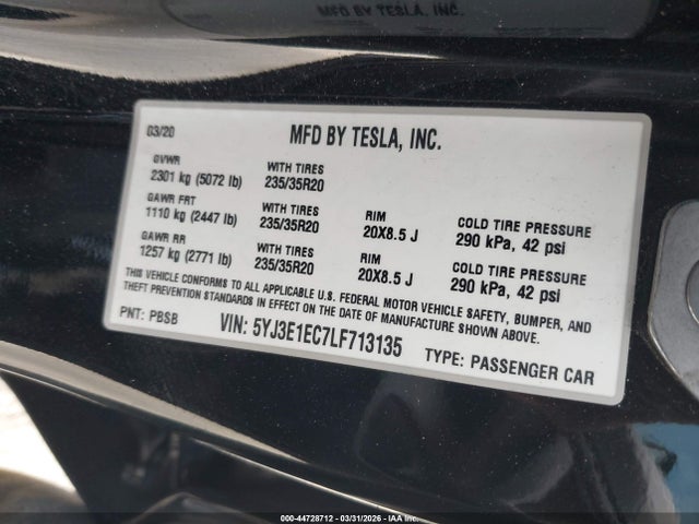 44728712 :رقم المزاد ، 5YJ3E1EC7LF713135 vin ، 2020 Tesla Model 3 Performance Dual Motor All-wheel Drive مزاد بيع