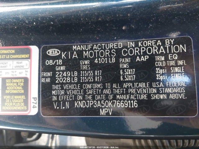44728720 :رقم المزاد ، KNDJP3A50K7669116 vin ، 2019 Kia Soul + مزاد بيع