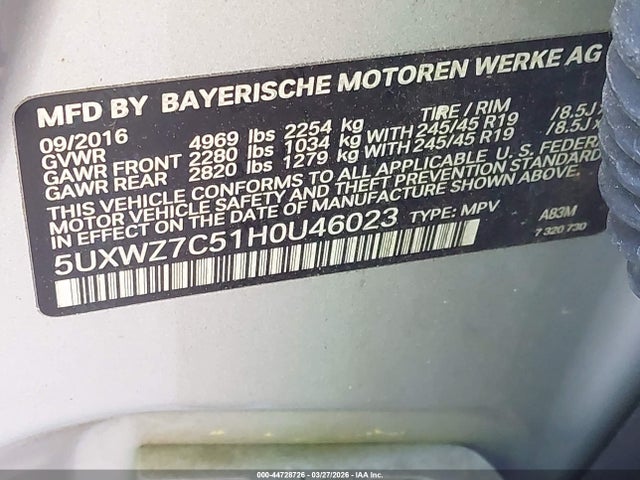 Aukcja sprzedaży 2017 Bmw X3 Sdrive28i, vin: 5UXWZ7C51H0U46023, numer aukcji: 44728726