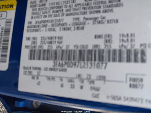 Aukcja sprzedaży 2020 Ford Fusion Titanium, vin: 3FA6P0D97LR131077, numer aukcji: 44728737
