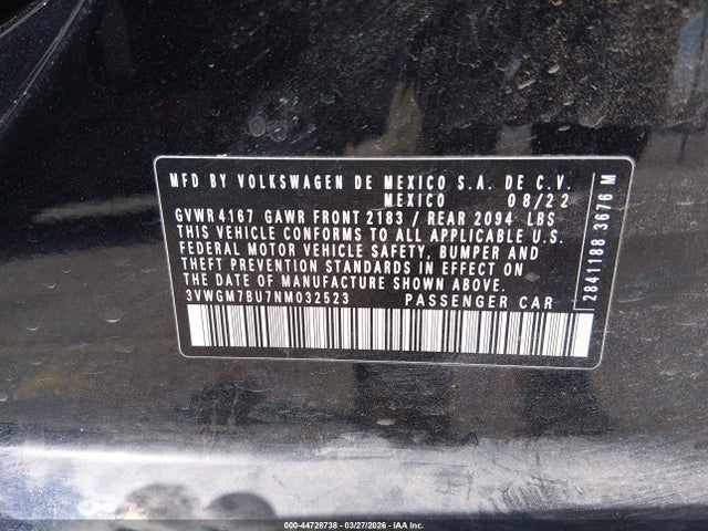 Продаж на аукціоні авто 2022 Volkswagen Jetta 1.5t Sel, vin: 3VWGM7BU7NM032523, номер лоту: 44728738