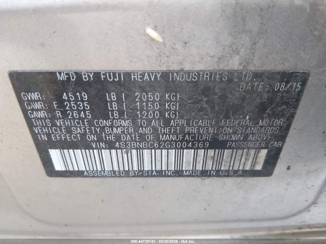 Продаж на аукціоні авто 2016 Subaru Legacy 2.5i Premium, vin: 4S3BNBC62G3004369, номер лоту: 44728742