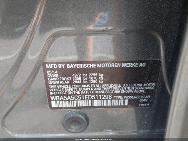 44728744 :رقم المزاد ، WBA5A5C51ED511298 vin ، 2014 Bmw 528i مزاد بيع
