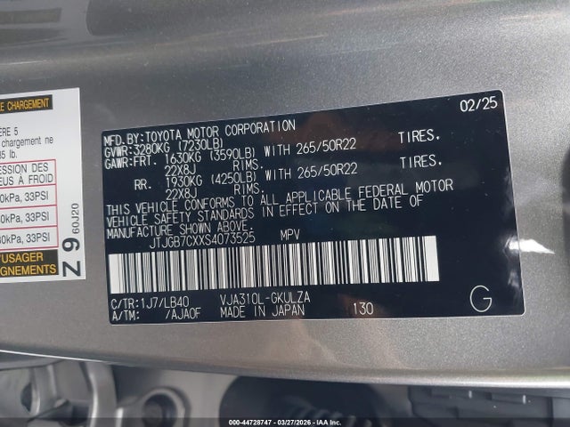 Продажа на аукционе авто 2025 Lexus Lx 600 Luxury, vin: JTJGB7CXXS4073525, номер лота: 44728747