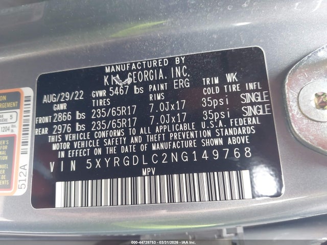 Продажа на аукционе авто 2022 Kia Sorento Lx, vin: 5XYRGDLC2NG149768, номер лота: 44728753