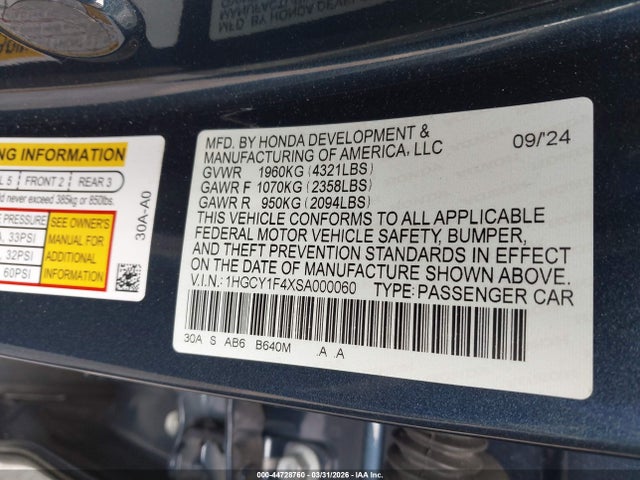 1HGCY1F4XSA000060 Honda ACCORD SE