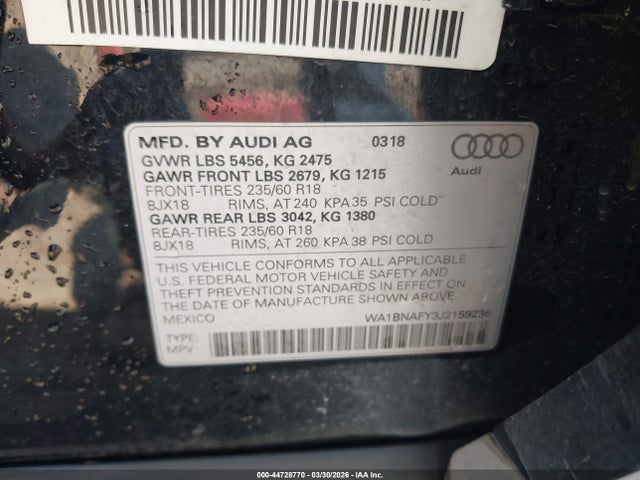 Aukcja sprzedaży 2018 Audi Q5 2.0t Premium/2.0t Tech Premium, vin: WA1BNAFY3J2159236, numer aukcji: 44728770