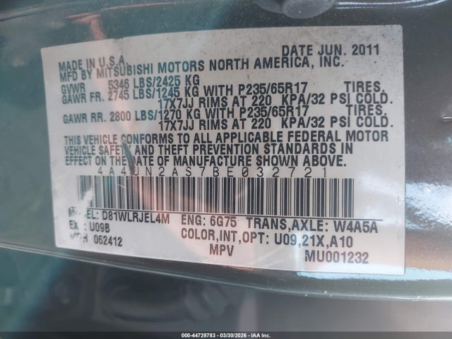 Продаж на аукціоні авто 2011 Mitsubishi Endeavor, vin: 4A4JN2AS7BE032721, номер лоту: 44728783