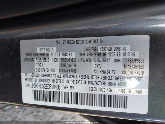 44728790 :رقم المزاد ، JM3KE4CY3E0318406 vin ، 2014 Mazda Cx-5 Touring مزاد بيع