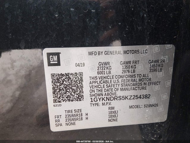 2019 Cadillac Xt5 Luxury მანქანა იყიდება აუქციონზე, vin: 1GYKNDRS5KZ254382, აუქციონის ნომერი: 44728798
