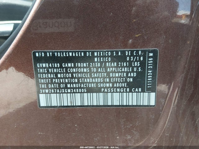 Продаж на аукціоні авто 2016 Volkswagen Jetta 1.4t S, vin: 3VW267AJXGM348805, номер лоту: 44728801