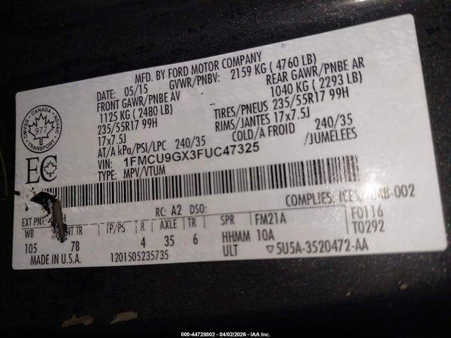 1FMCU9GX3FUC47325 Ford ESCAPE SE