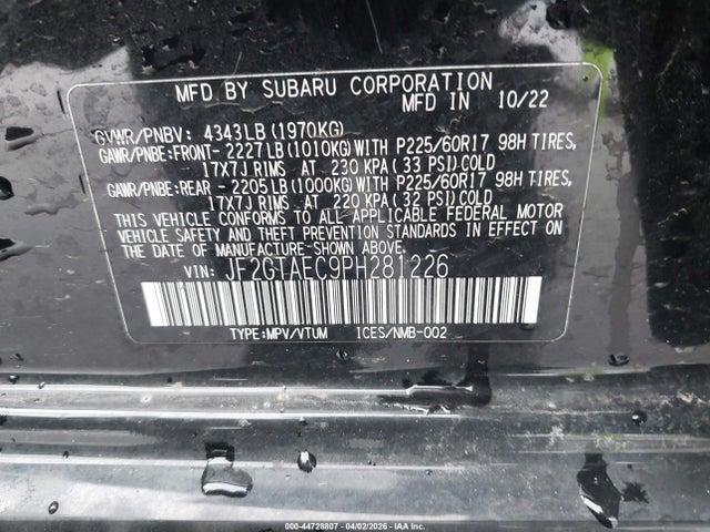 44728807 :رقم المزاد ، JF2GTAEC9PH281226 vin ، 2023 Subaru Crosstrek Premium مزاد بيع