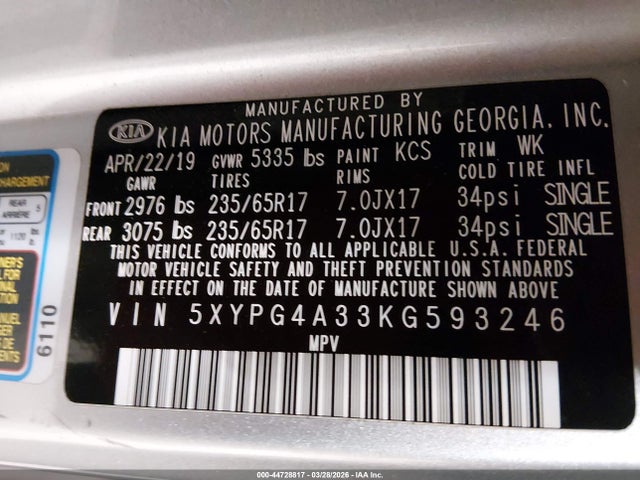 Продажа на аукционе авто 2019 Kia Sorento 2.4l L, vin: 5XYPG4A33KG593246, номер лота: 44728817