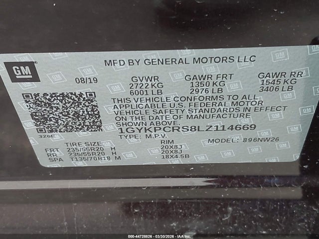 44728826 :رقم المزاد ، 1GYKPCRS8LZ114669 vin ، 2020 Cadillac Xt6 Fwd Premium Luxury مزاد بيع