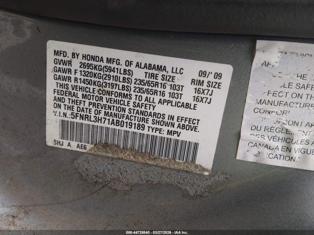 Aukcja sprzedaży 2010 Honda Odyssey Ex-l, vin: 5FNRL3H71AB019189, numer aukcji: 44728840
