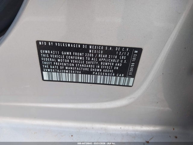 2013 Volkswagen Jetta 2.5l Se მანქანა იყიდება აუქციონზე, vin: 3VWDX7AJ2DM256704, აუქციონის ნომერი: 44728843